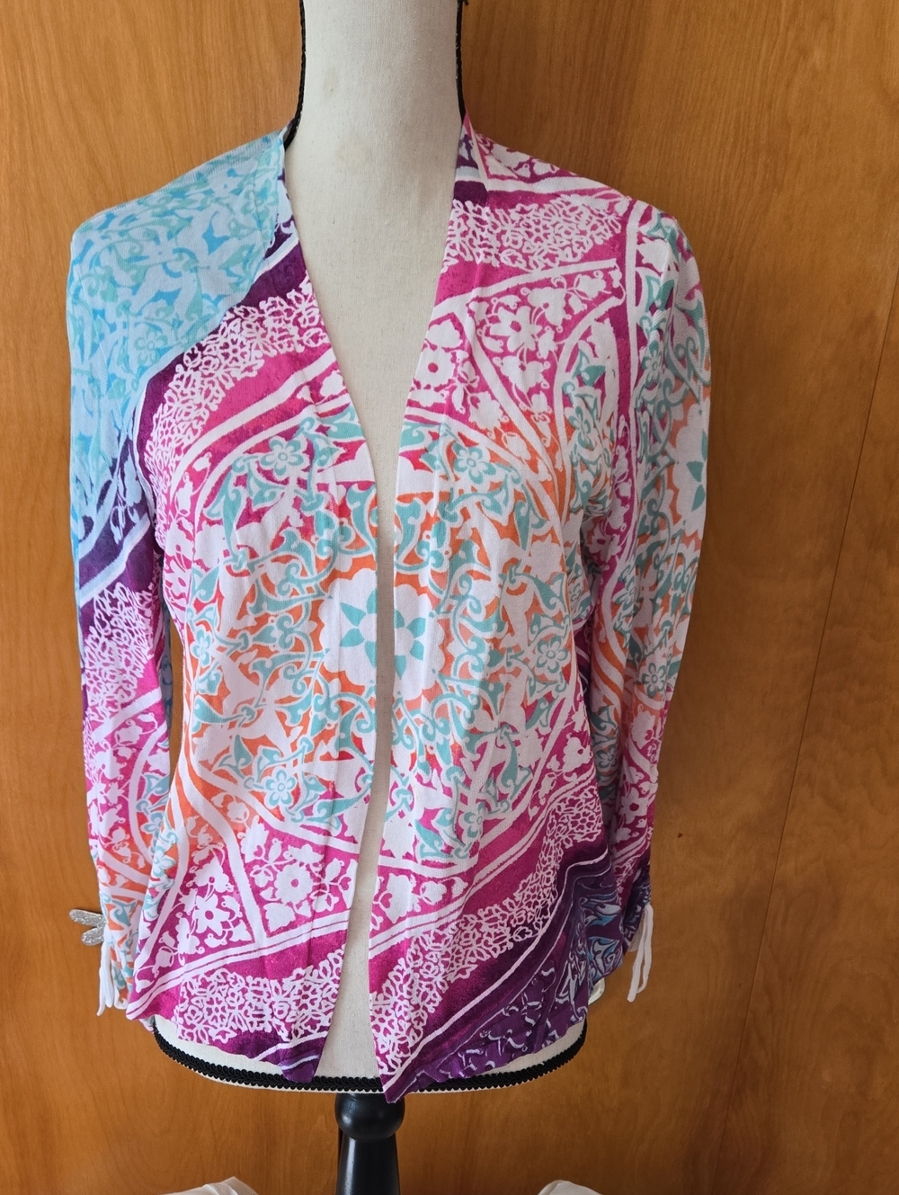 Women's Pink & Aqua Open Front Printed Cardigan